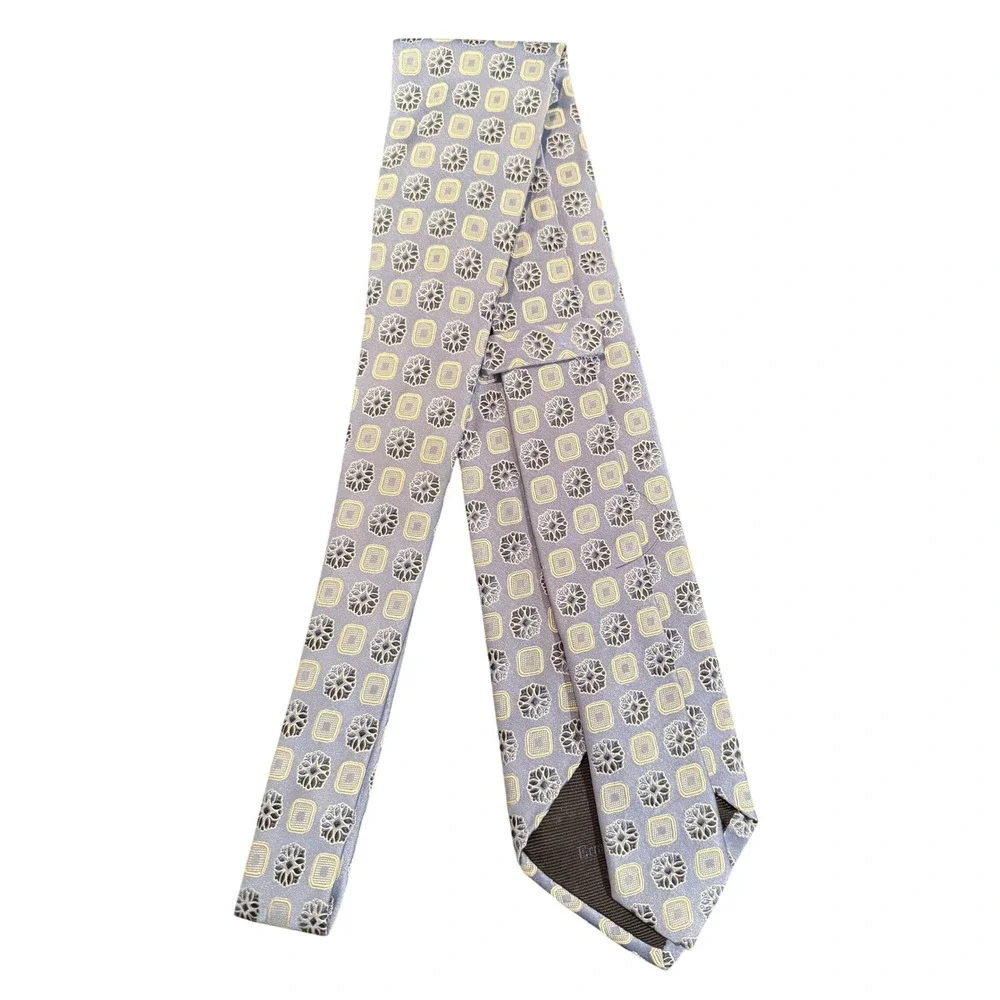 Ermenegildo Zegna 100% Silk Necktie Blue/White Geometric Pattern Made in Italy